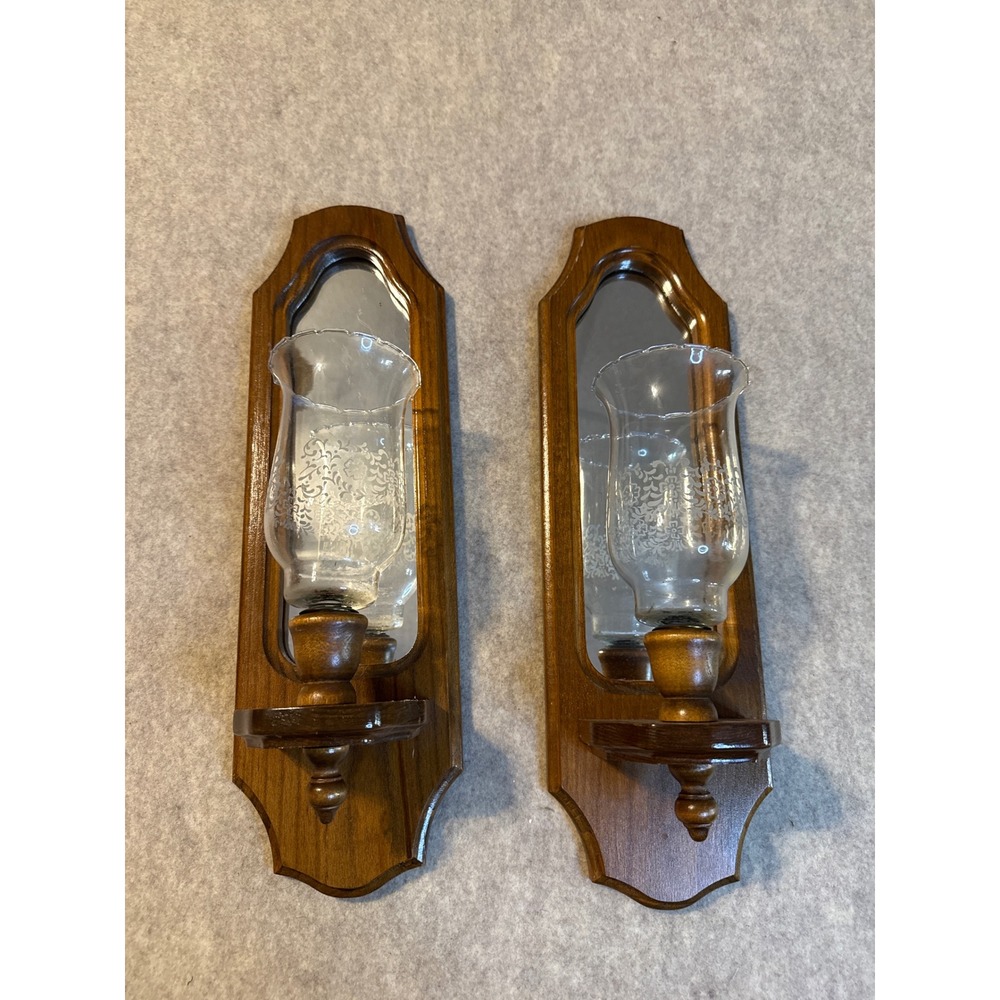 Vintage Wood Mirror Wall Sconce Pair with Etched Glass Hurricane Shades